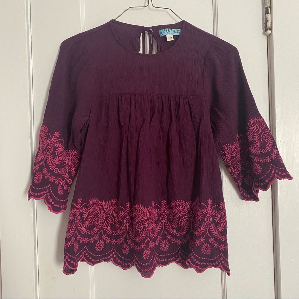 Purple blouse with magenta embroidered statement sleeves, size S